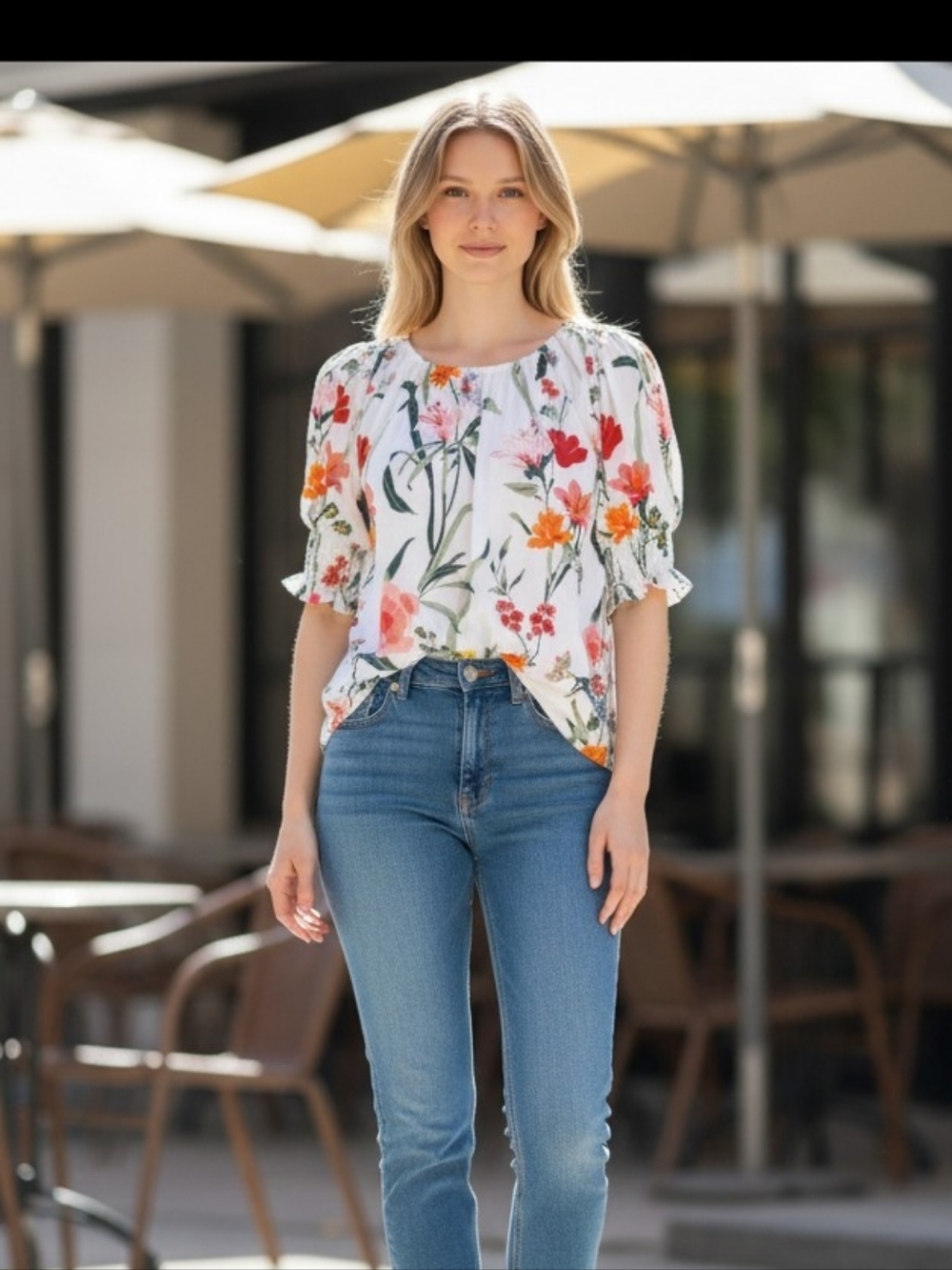 LOFT White Floral Puff-Sleeve Blouse - Picture 8 of 8